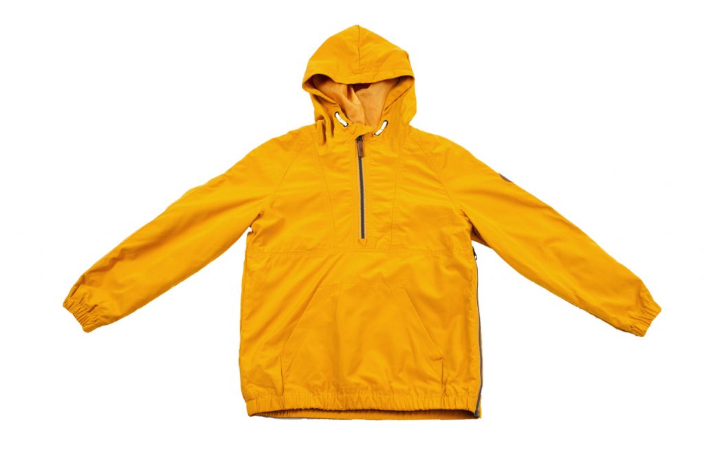 Yellow waterproof jacket with front zip and ties on hood.