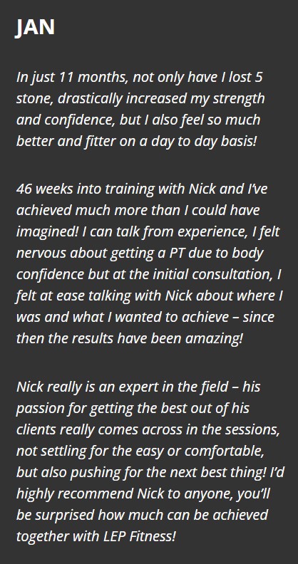 example of a PT testimonial from the LEP fitness website