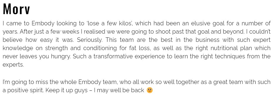 Embody Fitness personal trainer testimonial example from client